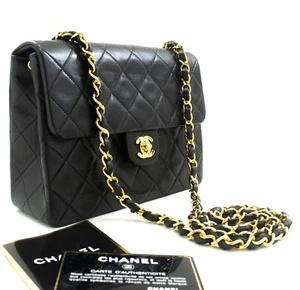 p52 CHANEL Authentic Mini Square Small Chain Shoulder Bag Crossbody Black Lamb - Picture 1 of 17