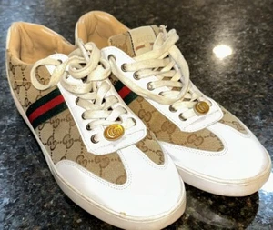 Gucci Mens 9.5 Topsider Boat C6216 Bee Back Canvas Leather Read - Picture 1 of 11