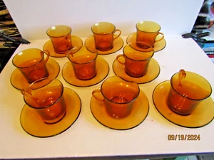 9-VTG-GROSSE TASSEN & UNTERTASSEN-VERECO DURALEX-BERNSTEIN GLAS-MADE IN FRANCE - Bild 1 von 1
