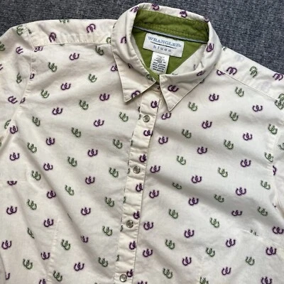 Camisa a Presión Wrangler Blues Western Pearl Para Mujer Mediana Blanca Estampado de Zapato de Caballo Foto 1 de 4