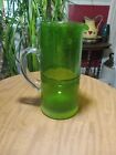 Tall Hand Blown Green Bubble Art Glass Pitcher With Clear Handle 10"