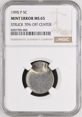 1995-P Jefferson Nickel 5 Cents Mint Error Struck 70% Off Center NGC MS65 - Image 1 of 2