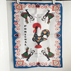 Vintage Portugal Tea Towel Traditional Portuguese Rooster Dancers Heart Border - Foto 1 di 12