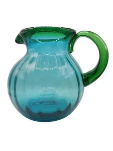 Hand Blown Optic Glass BLENKO Style Pitcher Large Turquoise Blue Green Handle - Picture 1 of 12