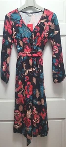 PatPat Women's Tropical Floral Long Sleeve V-Neck Belted Dress - Black - Small - Picture 1 of 5