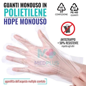 1000 GUANTI MONOUSO POLIETILENE USA E GETTA PER ALIMENTI UNIVERSALI NO POLVERE - Picture 1 of 6