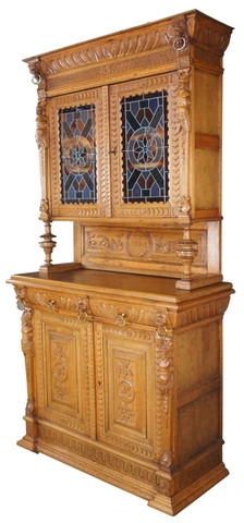 Antique European Mechelen Renaissance Oak Hunt Display Cabinet Stained Glass 90" Cover
