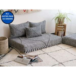 Moroccan Handmade Floor Couch - Unstuffed Wool Grey Sofa covers + Pillow case - Picture 1 of 8