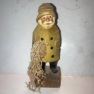 Vintage Hand Carved Wood Fisherman Figure With Net Folk Art, 6” - Picture 1 of 4