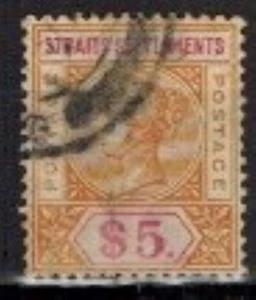 Estampillas de asentamiento del estrecho: la reina Victoria de 1898 $5, usadas - Imagen 1 de 2