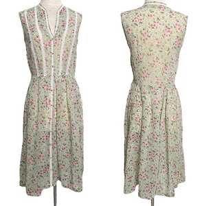 40s 50s vintage sheer floral dress sleeveless midi lace trim cotton thin cottage - Picture 1 of 14