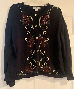 Joan Leslie  Women’s Black Beaded Shiny Cardigan Size XL - Picture 1 of 7