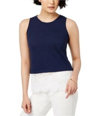 Maison Jules Lace Trim Keyhole Tank Top Navy Blue Size L Lightweight Blouse - Image 1 of 2