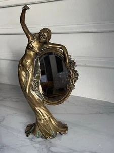 Vintage Patinated Bronze Art Nouveau Standing Lady Vanity Mirror 14" x 6.5” - Picture 1 of 14