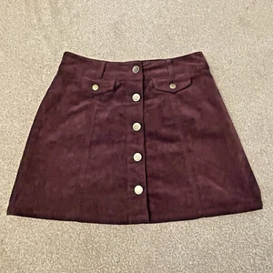 Burgundy Corduroy Mini Skirt Size S/8 26” Waist Stretch Button Front Forever 21 - Picture 1 of 6