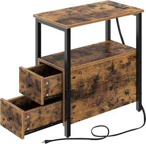 End Table with Charging Station, Narrow Side Table with 2 Wooden Drawers - Picture 1 of 8