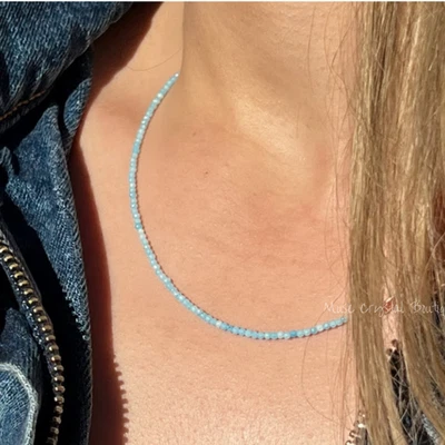 极简主义海蓝宝石微型 2 毫米珠链项链修复水晶珠宝首饰 — 第 1/4 张图片