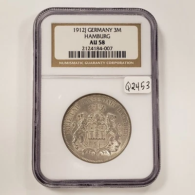 1912-J German States Hamburg 3 Mark .4823 oz ASW - NGC AU 58 - SKU-Q2453 - Image 1 of 4