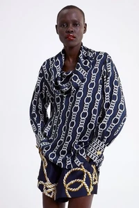 Zara Womens L Blouse Chain Link Navy Blue Satin Top Cowl Neck Gold Button - Picture 1 of 10