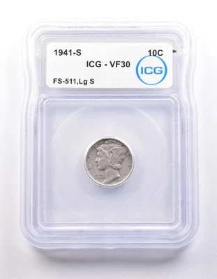 1941-S Mercury Dime FS-511 Large S VF30 ICG *9865 - Image 1 of 3
