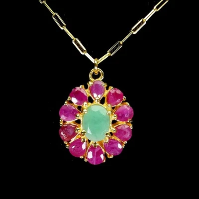925 Sterling Silver Necklace Oval Emerald 8x6mm Ruby Gemstone Jewelry 17.5 Inch - Image 1 of 4