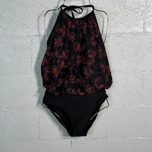 Calvin Klein Printed Blouson One Piece Swimsuit black/coral 10 $80 - Picture 1 of 12