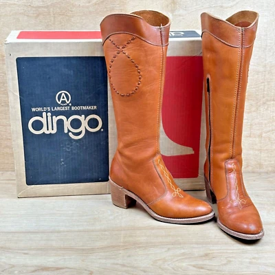 Botas de cuero marrón Dingo Acme vintage años 70 5-1/2 M para mujer 16-1/2" de alto hasta la rodilla Foto 1 de 4