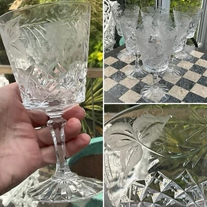👀 PAIR RED WINE Glass CRYSTAL ENGRAVED GRAPEVINE CUT GLASS BRIERLEY HILL 6.25” - Picture 1 of 8