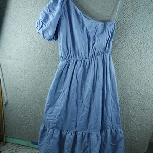 Aere Womens Dress 18 Blue Linen Long One Shoulder Fit & Flare Lined Summer Flowy - Picture 1 of 10