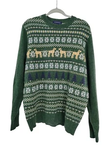 Unisex Fair Isle Sweater Lambswool Blend Dog Green Size Large Crown & Ivy - Picture 1 of 6