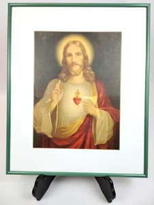 Stampa litografica Sacro Cuore di Gesù incorniciata anni 40 17x13" arte cristiana Cristo - Foto 1 di 17