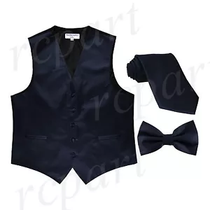 New Men's Solid Tuxedo Vest Waistcoat Necktie & Bowtie Set Party Prom Navy Blue - Picture 1 of 4