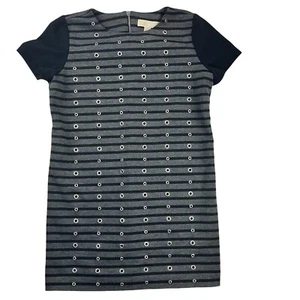 Michael Kors Black Gray Striped Silver Studded Short Sleeve Dress Women's Size 8 - Picture 1 of 9