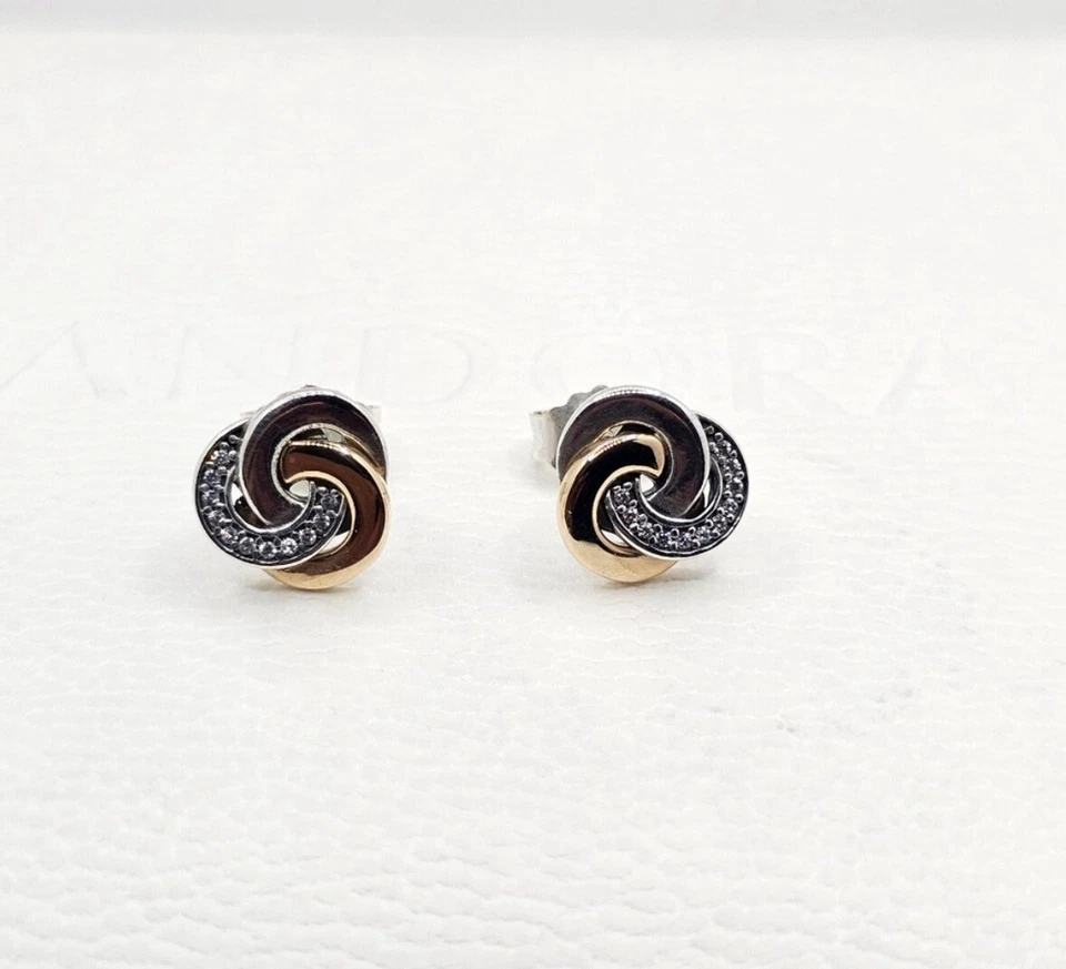Pandora 925 Plata de Ley 585 Oro Círculos Interrelacionados Diamante Aretes Foto 1 de 1