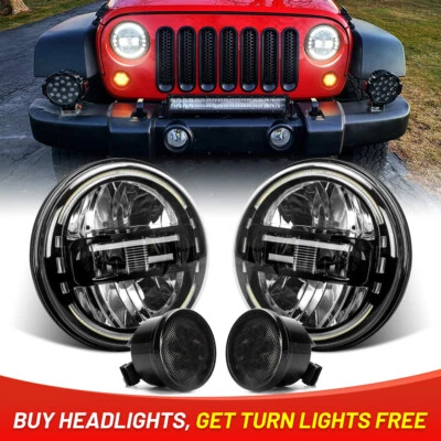 Combo 7" Round Halo LED Headlights Turn Signal Lights For Jeep Wrangler JK 07-17 - Image 1 of 4