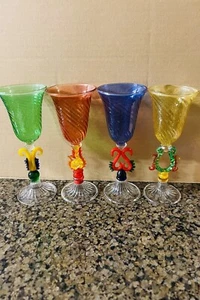Venetian Art Glass Cordial Liqueur Drinking Glass Set of 4 With Lampworked Stem - Picture 1 of 4