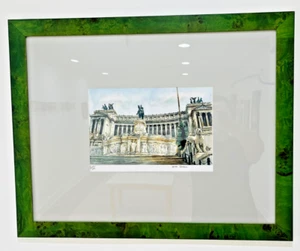 Framed Piazza Venezia Rome Print – Signed 2004 Watercolor Style – Green Frame - Picture 1 of 7