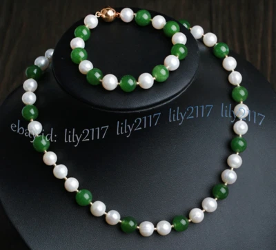 Juego de collares de jade verde natural de 8-9 mm de perlas blancas de agua dulce de 8 mm de 18"" Foto 1 de 3