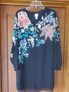NWT CHICO’S Black Top EMBROIDERED Red Orange FLOWERS 1 pc Cami &Jacket sz1/8-10 - Picture 1 of 7