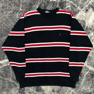 Suéter Polo Ralph Lauren De Colección Para Hombres XXL Años 90 Rayas Negro Rojo Poni Cuello Redondo - Imagen 1 de 5