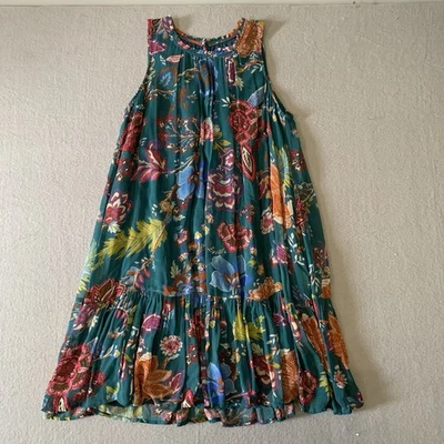 Anthropologie Natalie Flounced Tunic Dress Teal Floral Shift Sleeveless Size S - Image 1 of 4