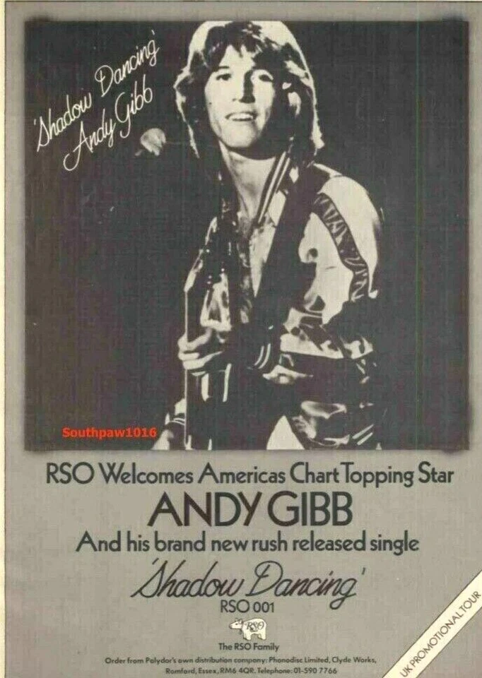 1978 Andy Gibb "Shadow Dancing" Song Release Music  Industry Promo Reprint Ad - Image 1 of 1