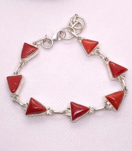 Brazalete de plata natural italiano con forma de trillón de coral rojo 6,5 pulgadas - Imagen 1 de 5