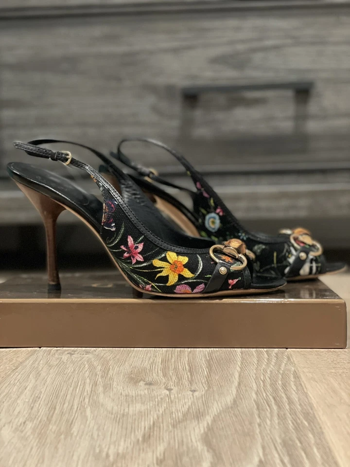 Женские черные бамбуковые туфли на каблуке с цветочным узором Gucci размер 9,5 - Изображение 1 из 4