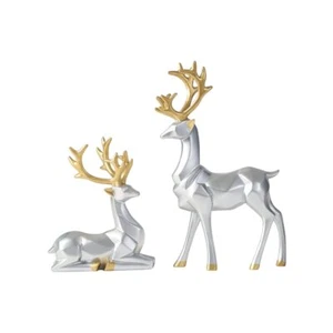 2pcs 3d Geometric Elk Resin Statue Seated And Standing Elegant Lucky Deer Luxuri - Picture 1 of 8