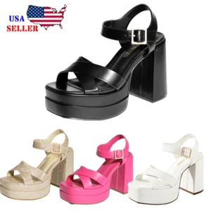 Women Wedding Party Platform Sandals Square Toe High Chunky Heel Sandals Shoes - Picture 1 of 32