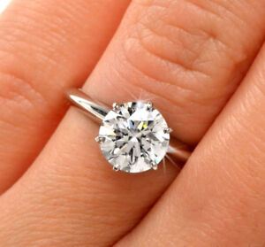 2CT ROUND CUT MOISSANITE SOLITAIRE ENGAGEMENT RING 14K WHITE GOLD PLATED 6.5