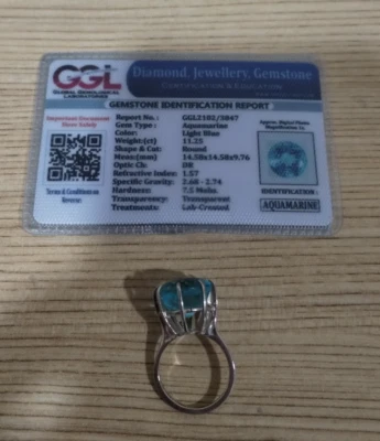 Sterling Silver Ring Lab Created Aquamarine 11.25 Carats Size 8 GGL Certified - Image 1 of 4
