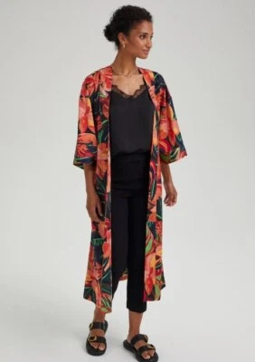* Matalan BNWT Et Vous Black Tropical Floral Satin Maxi Kimono sz M (ST20/599)