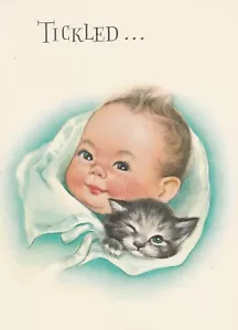 Cute Baby with Kitten Wrapped Up In Blue Blanket Dated 1965 - Picture 1 of 3